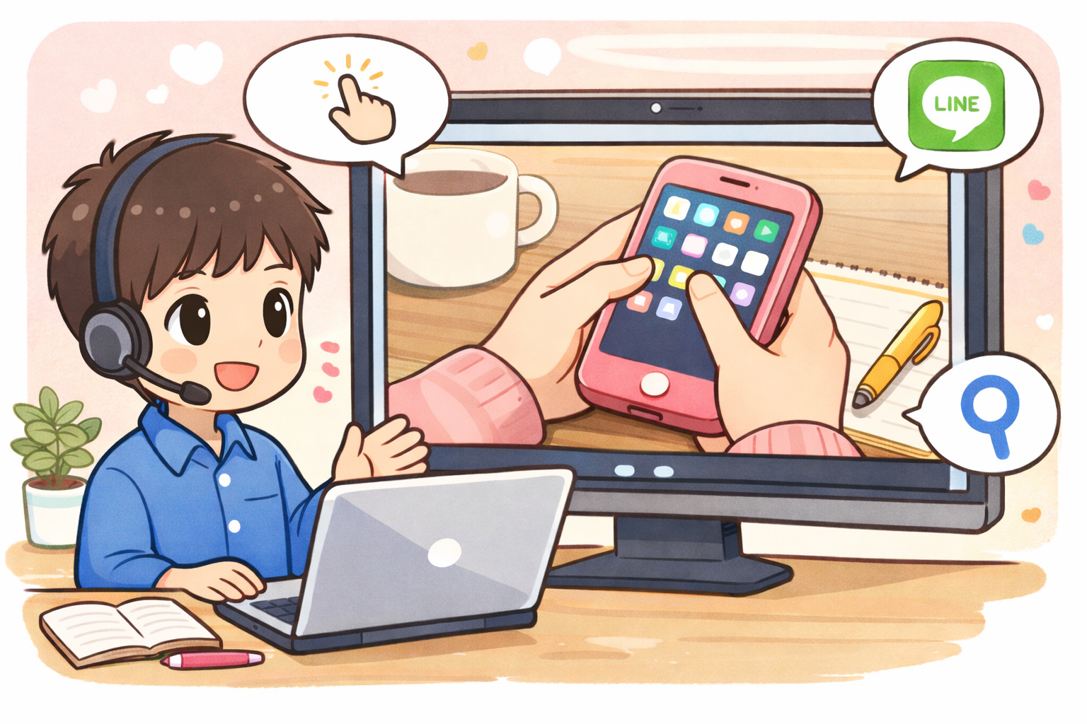 視覚に障害にある方向けオンラインスマホ講習のイメージイラスト